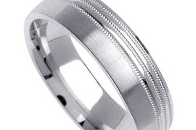 14k white gold comfort fit wedding band with the hammered finish center  and high polish finish on both sides.