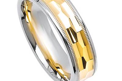 This stunning 14k gold his and her wedding band looks even better by making adding two tone gold to its look. With the ladies band set with round cut diamonds along a polished center. This comfort ring's polished edges combined with a brushed finish center makes this ring even more attractive.  Total weight of diamonds approximately 0.30 carats.