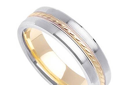 Classic 14k white gold wedding band with a yellow gold line going through the center.