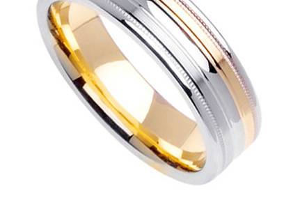 Classic 14k white gold wedding band with a yellow gold line going through the center.