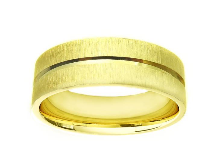 This magnificent lightly carved men's wedding ring in 14k two-tone gold is perfect for the man who is looking for something unique. It features an intricate scroll design etched into its white gold satin finish center band, surrounded by a smooth yellow gold light Milgraine edge, creating a truly distinctive look. Weighing approximately 9.5 grams.