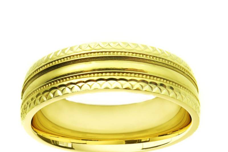 This 14k yellow gold flat surface wedding band has a matte finish with a shiny parallel cut through the center. Comfort fit interior completes this classic best seller. Available in any size and width.