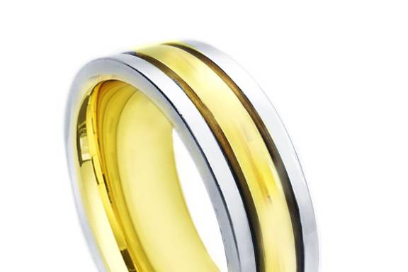 Classic 14k white gold wedding band with a raised yellow gold line going through the center with satin finish on either side of it.