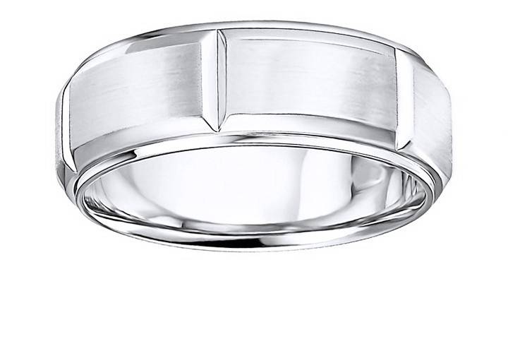 This 14k white gold wedding band has a matte finish with three high polish vertical cuts creating a rectangular pattern. The beveled edges have a high polish that completes it's look. Available in any size and width.