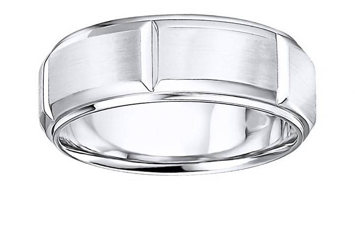 An elegant 14k white gold wedding band with satin finish center and shiny edges.