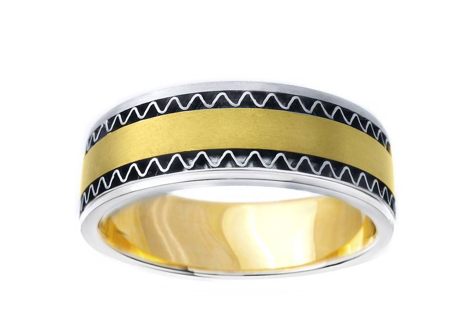 Diamond gentleman's wedding band crafted from 14k white and yellow gold with five round brilliants set on the top center of the ring. Total weight of diamonds approximately 0.45ct. Available in any size.