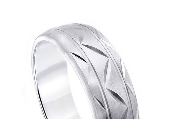 Comfort fit flat top wedding band crafted from 14k white gold with matte finish surrounded by ridges and high polish finish edges. Available in any size and width.