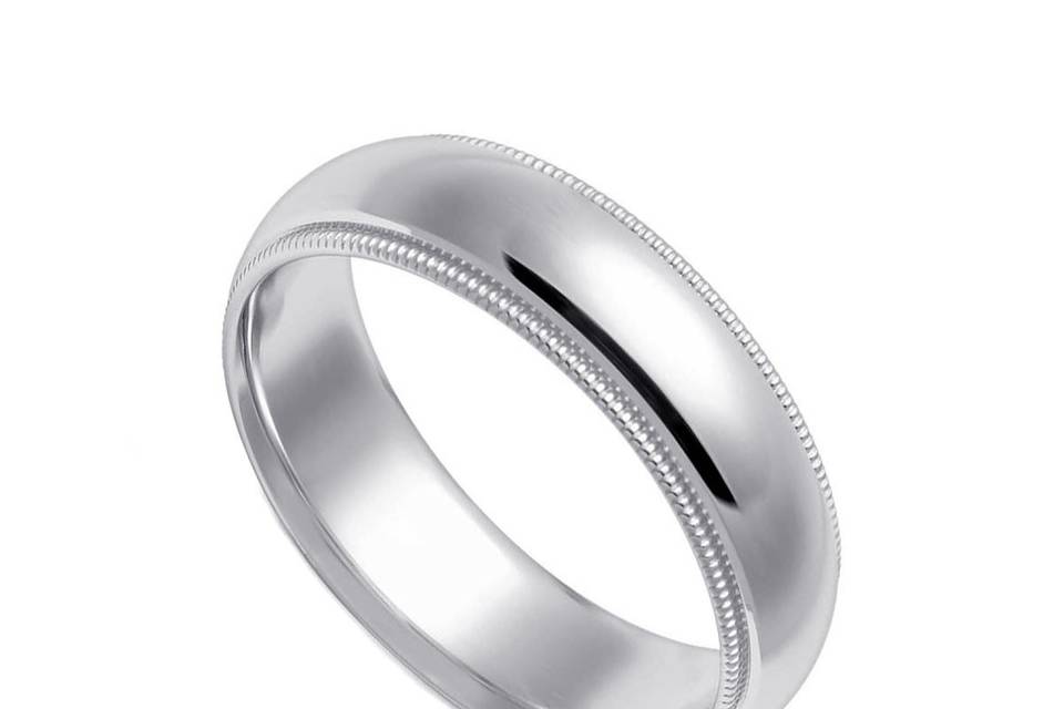 This 14k yellow gold flat surface wedding band has a matte finish with a shiny parallel cut through the center. Comfort fit interior completes this classic best seller. Available in any size and width.