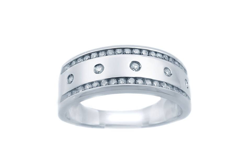 Elegant diamond wedding band for her crafted from high polish quality 14k white gold with four evenly spread out round brilliant cut diamonds inset on the top portion of the band.  Total weight of diamonds approximately 0.20 carats. Available in any size.