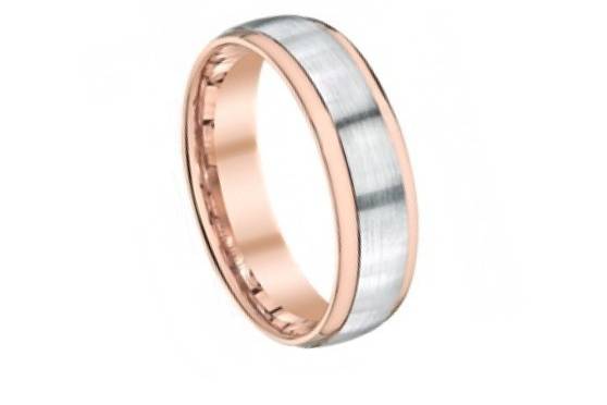 14k two tone gold wedding band with a satin finish that is divided by high polish finish creating a square pattern.