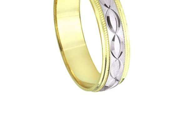 This beautifully designed 14k wide wedding band has a satin finish center with  a wave design line through the center with a shiny raised sides for a fresh modern look with comfort fit interior surface.