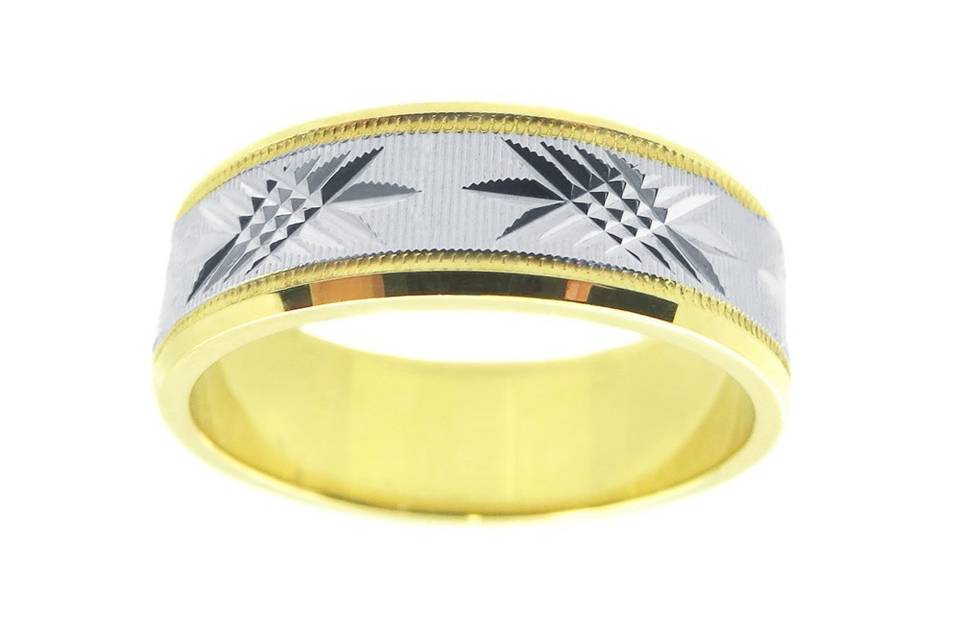 A unique look to 14k two tone wide hand crafted wedding band. The matte finish center  has a contemporary design with milgrain on the either sides and the square edges have a shiny finish. A great looking band for any gentleman. Available in any size and width.