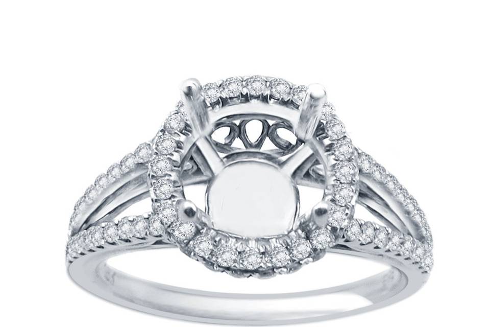 This beautiful 18k white gold halo princess cut diamond engagement ring features a scroll inner design with Round brilliant cut side diamonds that are set as U-shape pave flowing down the shank. Additional round cut diamonds are set as bezel to compliment the center diamond weighing a total of approximately 1.17 cts.