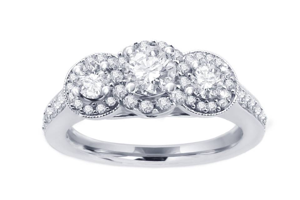 This advanced design features a set of 0.80 carats of round cut diamonds gracefully crafted in Halo fashion around this gorgeous 18k white gold braided mounting.