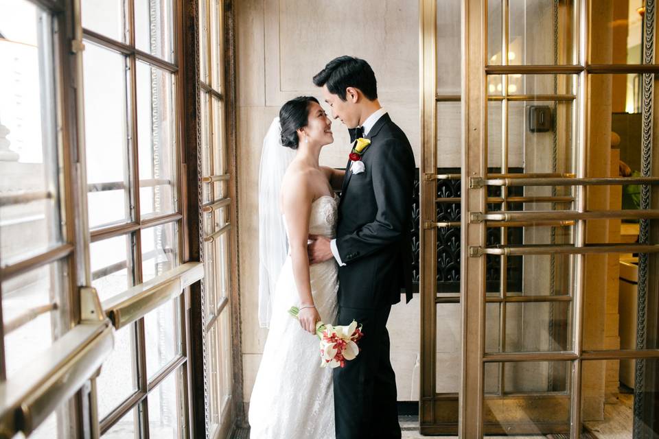 Couple portrait in building entrance