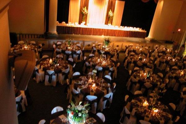 Theater ~ Set-up for reception. Head Table on the stage.