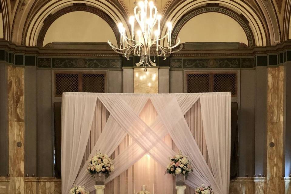 Wedding pipe & drape / gold chiavari chairs