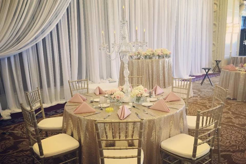 Crystal candelabra & gold chiavari chairs