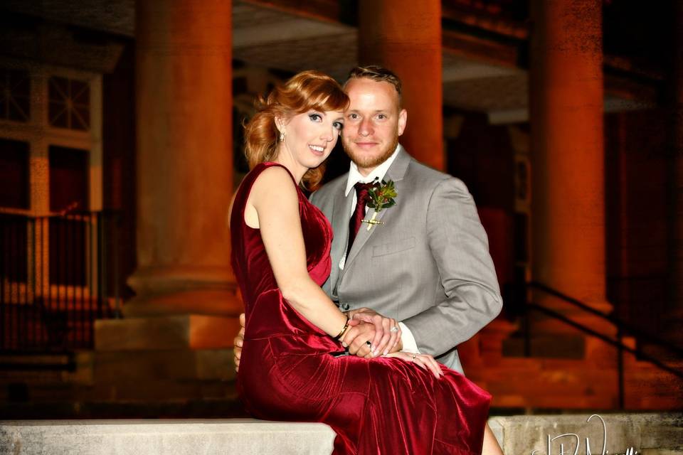 Bride in red velvet dress