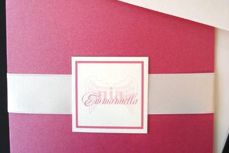 Pink metallic pocketfold with angel wings on monogram tag