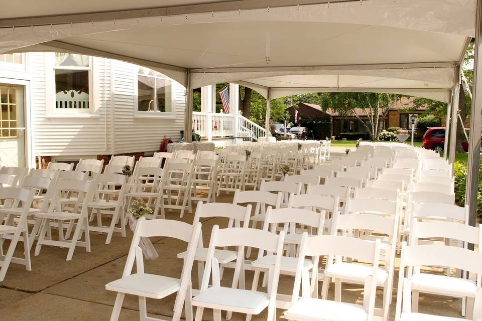 High-Peak Pole Tent, Cathedral Window Tent Walls, White Wooden Padded Garden Chairs, Burlap Chair Sashes