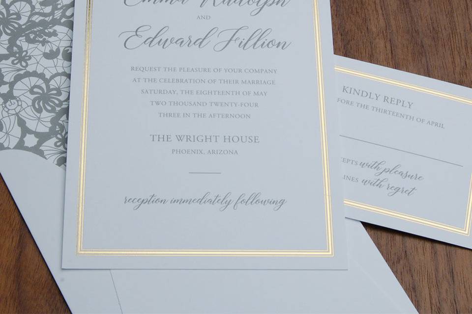 Elegant charcoal letterpress + gold foil border