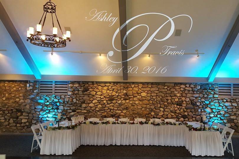 A+ has monogram services and uplights! Here we have both at Castle Farms.