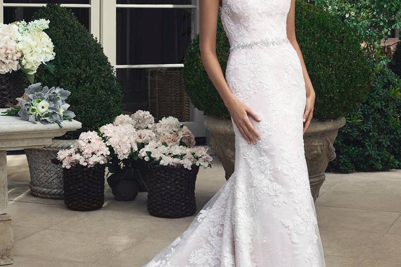 Style 2204 <br> Fit and flare silhouette gown made of Devore Silk Chiffon with beaded lace appliqués on tulle overlay.