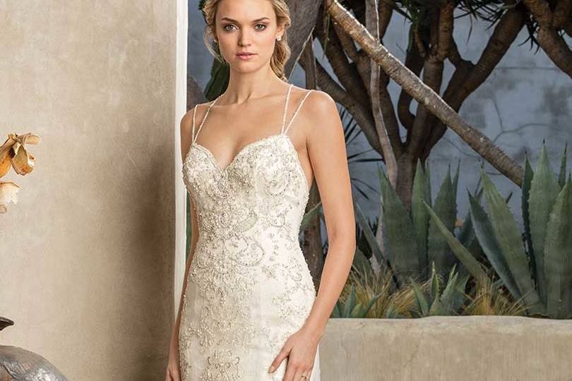 Style 2295 Jade		Heavily beaded lace sweetheart neckline sheath gown with double spaghetti straps and a chapel length train.