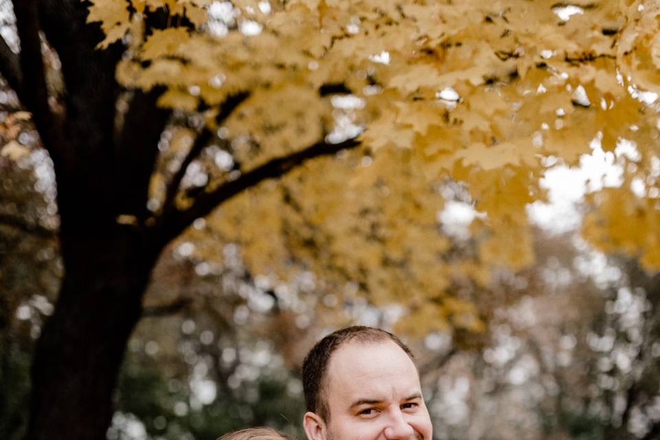 Bride and groom in the fall