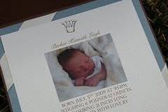 The Parker
A tri-fold birth announcement in brown, blue and ivory.  With ivory satin ribbon, and rhinestones.  This is a photo announcement but looks great with out a picture as well!