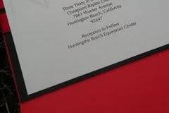 The Nichole
This is a tri-fold wedding invitation.  It was produced for a military couple.  It's in Red, black and white with two red satin ribbons running through the invitation.