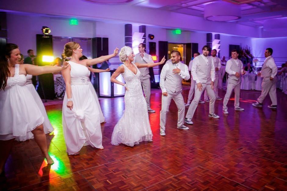 Dancing bridesmaids and groomsmen