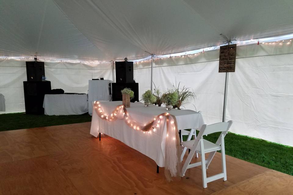 Head table inside the tent