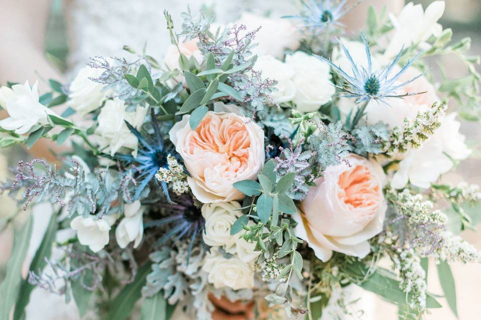 Peach and blue bouquet