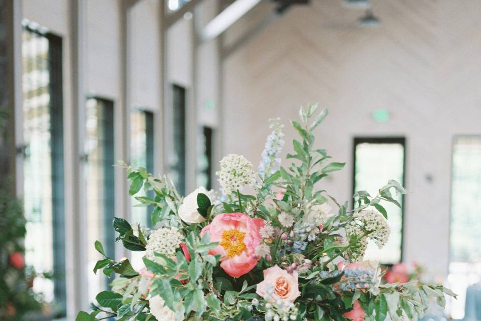 Tall arrangement coral peonies