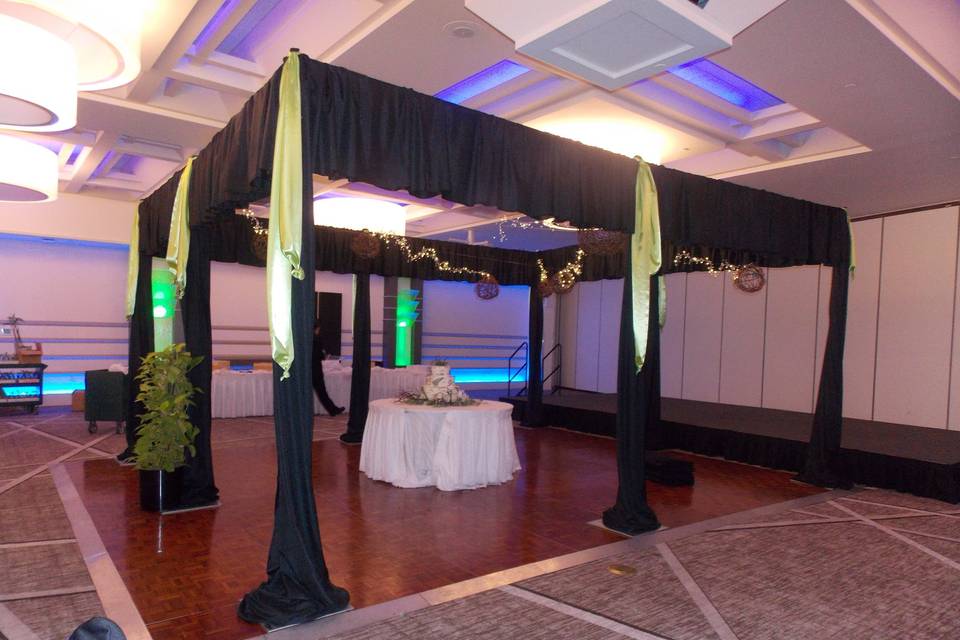 When we need to bring the dance floor a little enclosure and have to utilize the floor as our starting point, this reception was at the Kellogg Center on the campus of MSU.  Our staff is skilled at offering a perfect eye catching focal in the room.