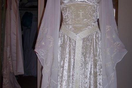 Medieval velvet wedding gown, with silk chiffon sleeves embroidered and beaded with pearls and Swarovski crystals.