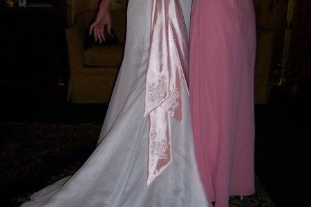 Strapless Silk gown, lace up back with pink silk ties, embroidered and beaded with Swarovski crystals