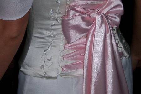 Silk Bodice, embroidered and beaded, with pink lace up back.