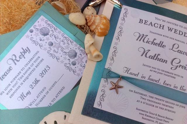 Customized Beach Musical Wedding Invitation - this over-sized 8x8 invitation suite features a sparkle sand backing paper, iridescent ocean-aqua middle paper and customized face with sheer ribbon and starfish charm. The RSVP card and envelope slip into a holder with a real sand-dollar on the outside. Inside the box are genuine shells and sea grass. The box has a ribbon and keepsake starfish silver pendant. Best of all, the box plays music when opened!