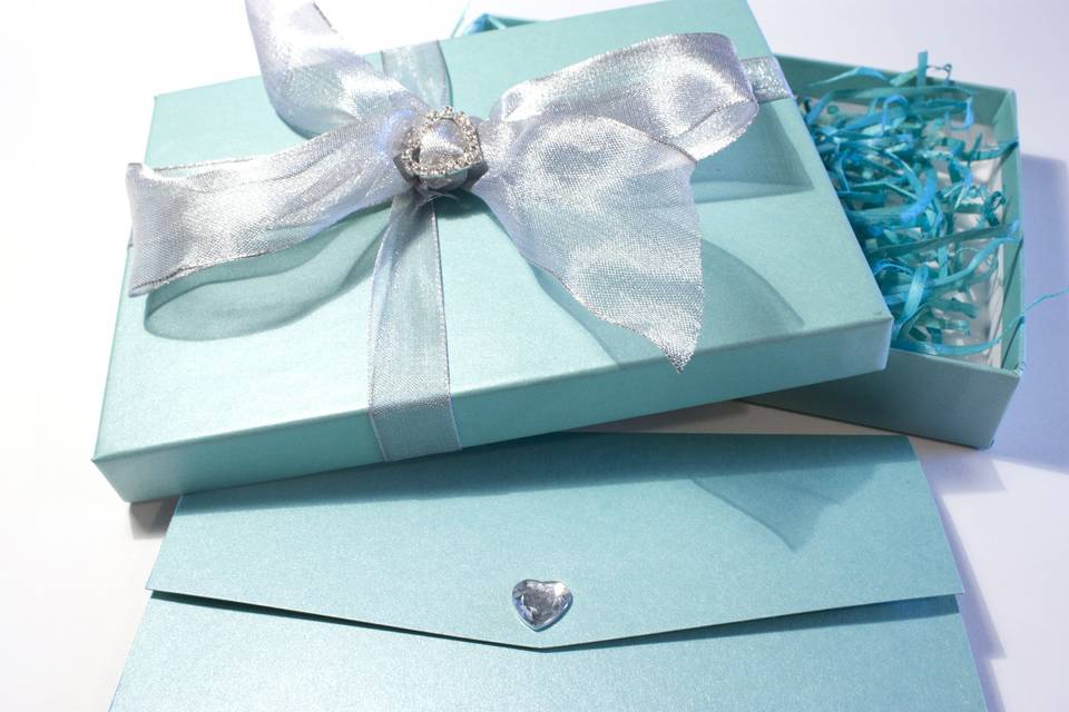 Tiffany Inspired Musical Wedding Invitation - This picture shows off the box and the pocket holder - see other pictures for invitation details.