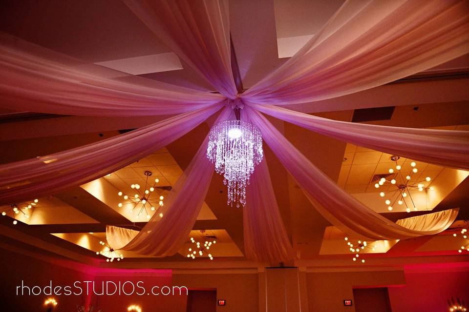A beautiful elegant Swag in our ballroom with custom chandelier. At 1805 on the Boulevard located in the Walt Disney World Resort. Call 407-827-7066 for more information. | www.1805ontheBoulevard.com