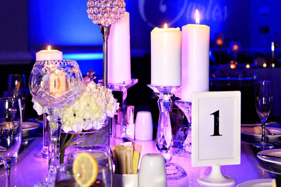 Elegant table scape with a view of a custom gobo on the backdrop. At 1805 on the Boulevard located in the Walt Disney World Resort. Call 407-827-7066 for more information. | www.1805ontheBoulevard.com