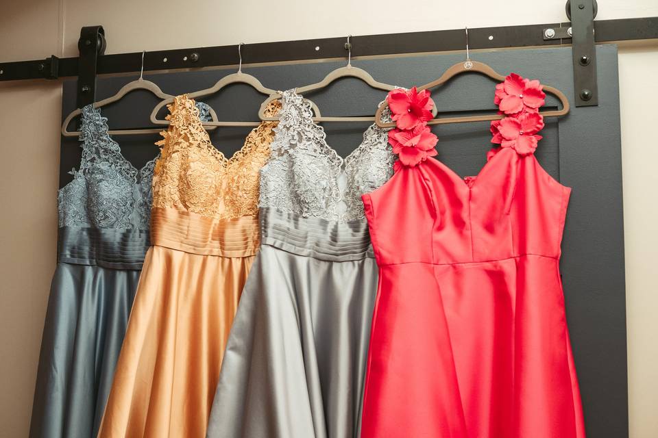 Bridesmaids dresses on rack