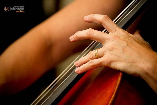 Cellist performing as part of string quartet for the wedding and reception, at The Palm Door in Austin, Texas