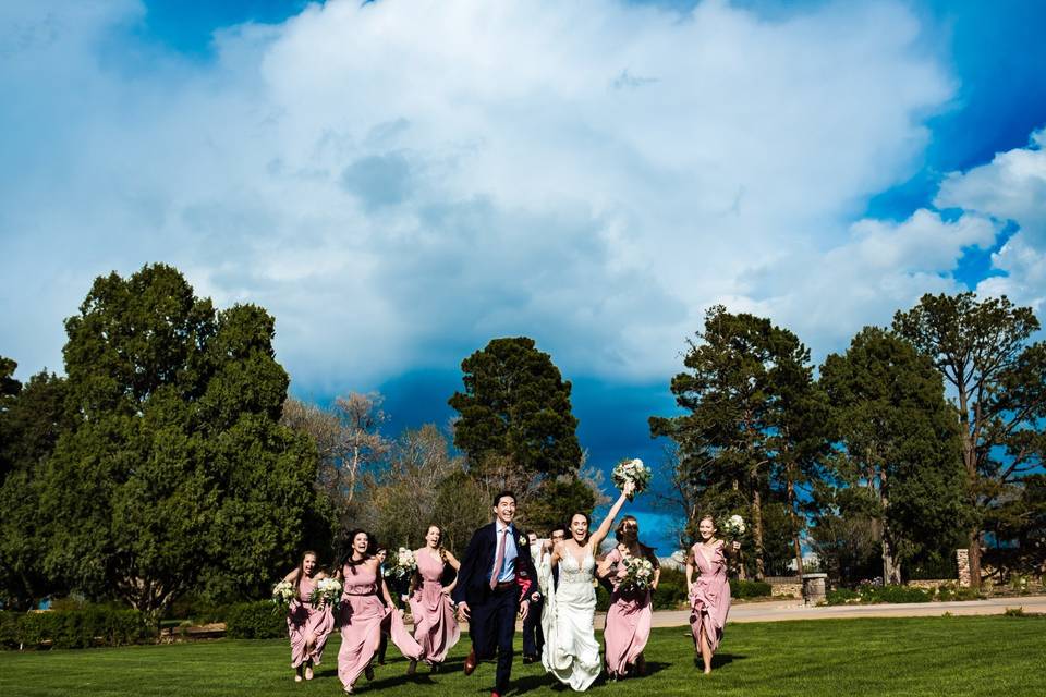 Bridal party running