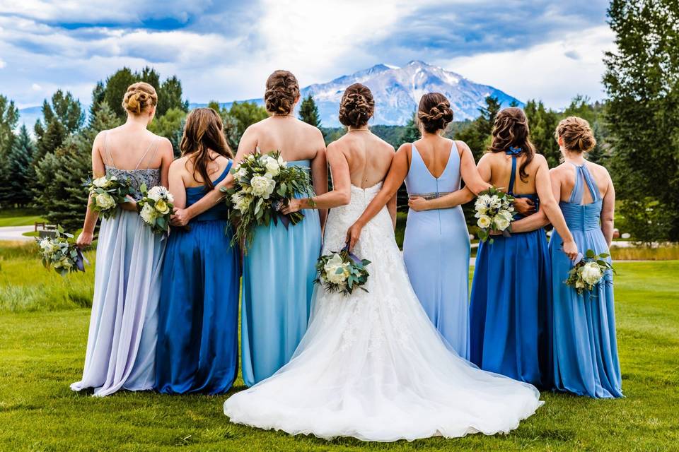 Bridal party in gradient blues