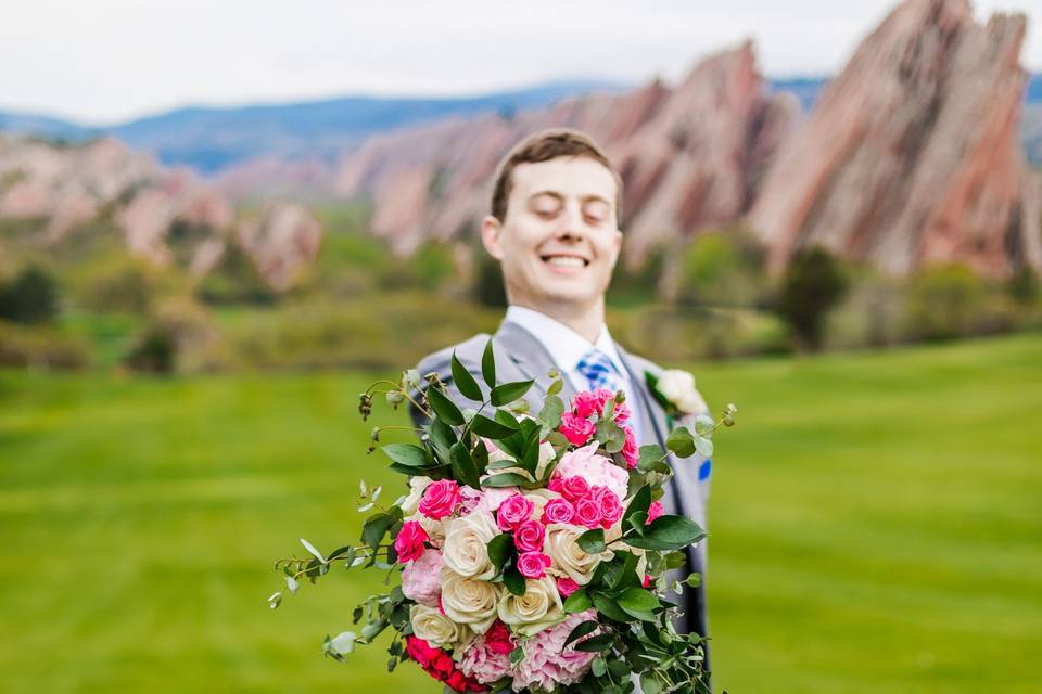 Groom with bouquet