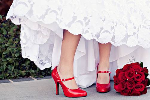 Brooke's red shoes make a statement at her wedding.